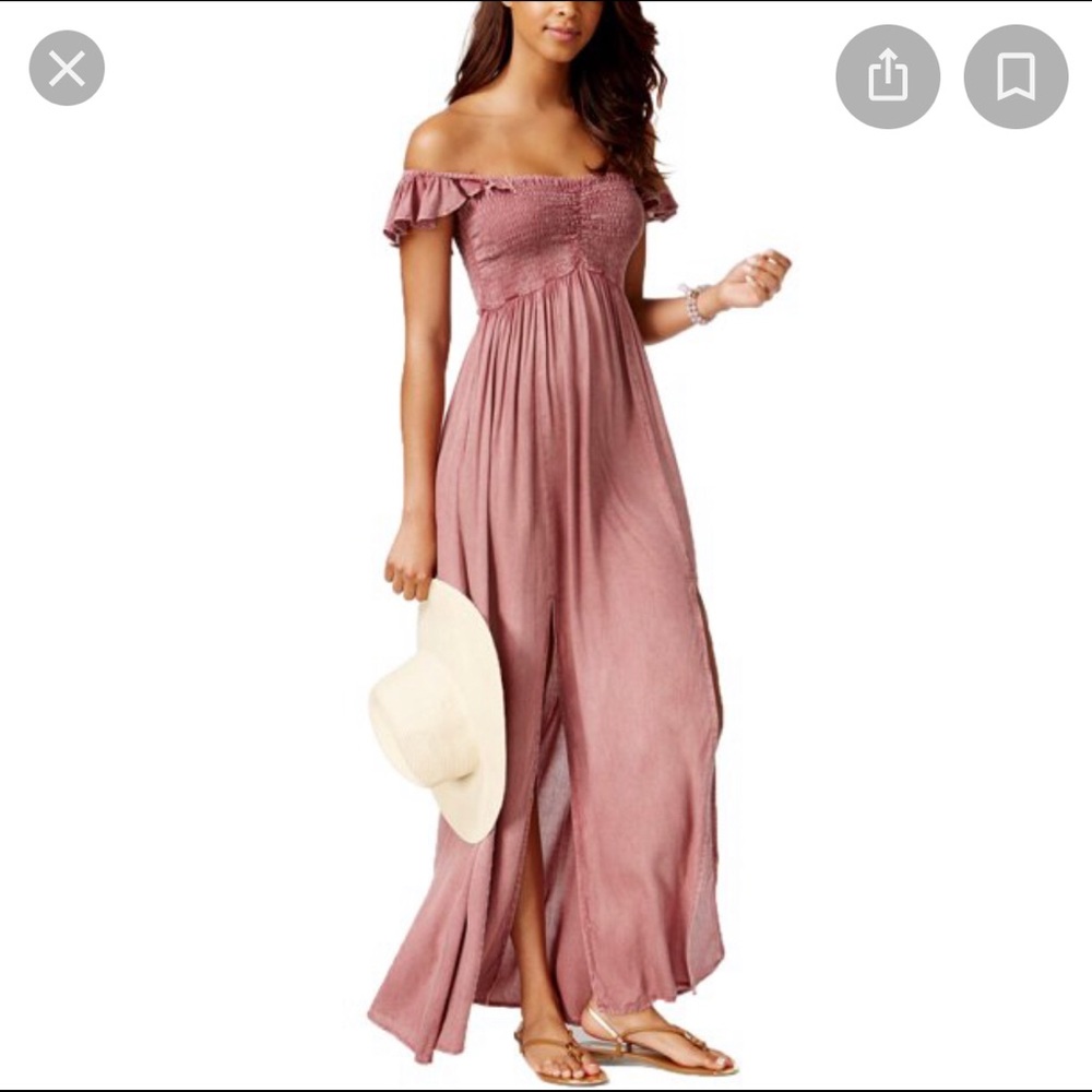 Blush smocked off the shoulder ruffled maxi dress